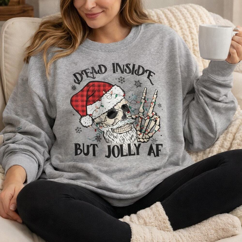 NWOT Dead Inside But Jolly AF Skeleton Santa Gray Sweatshirt XL